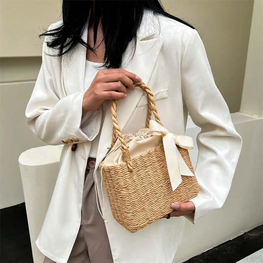 Summer Beach Handmade Woven Portable Bag Ladies Straw Square Basket Vintage Tote