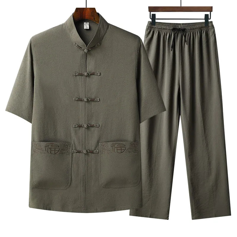 Chinese style Shirts + Pants summer 100% Cotton linen Sportswear Men's Casual Sets spring Male Fashion Chinese style trousers