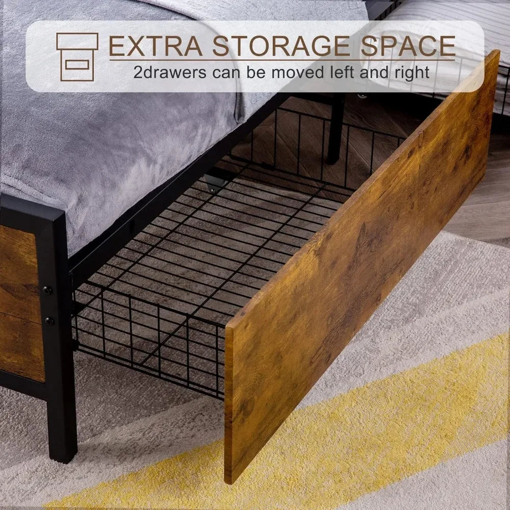 Twin Bed Frame with 2 XL Storage Drawers, Platform Bed Frame with 2-Tier Headboard, Strong Metal Slat Support