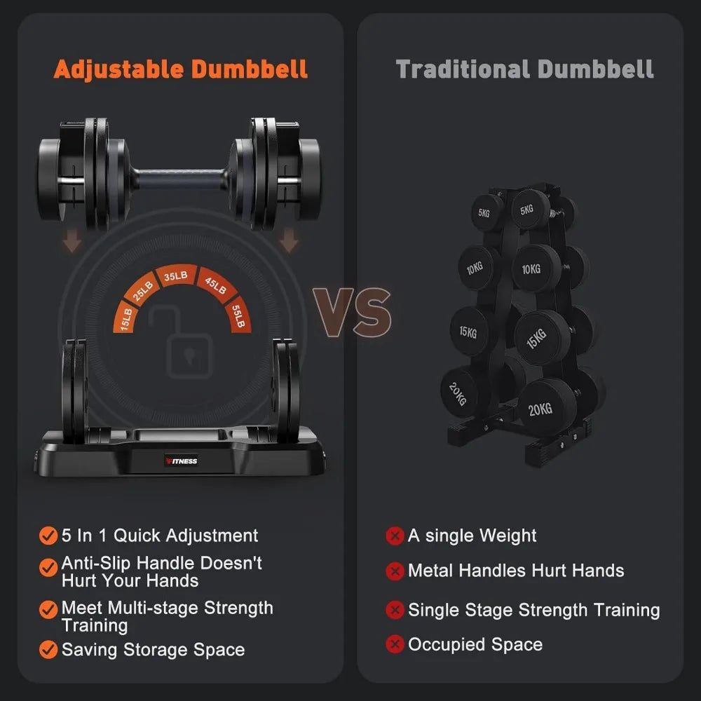 Adjustable Dumbbells set,5LB to 55LB Dumbbells for Home Gym Equipment 5 in1 Quickly Adjustable dumbbell set, Anti-Slip Handle