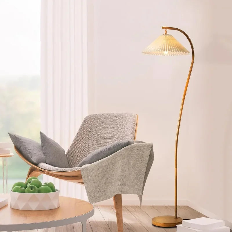 62" Floor Lamp, Faux Wood Finish, White Pleated Fabric Shade, Pivot Joint on Shade, Black Cord, Reading Lamp