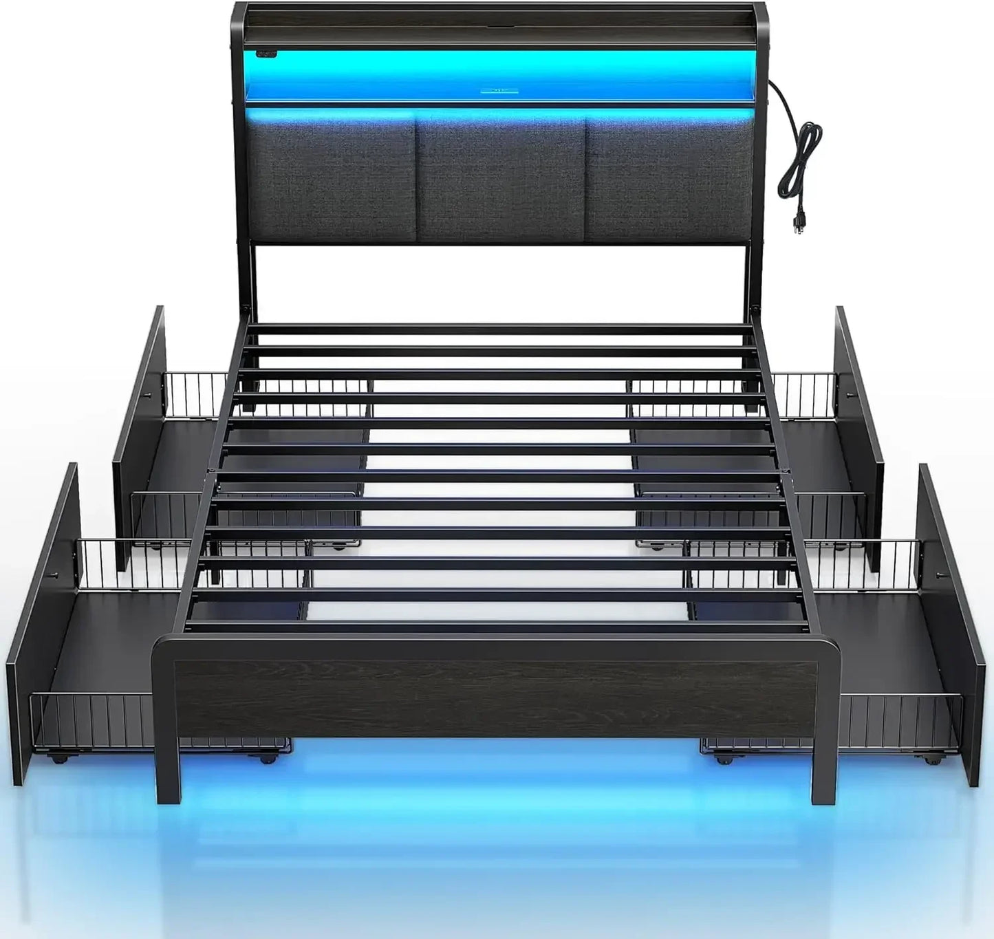 Bed Frame Twin Size with Bookcase Storage Headboard, Slide Out Bedside Storage, Bed with Charging Station & LED Lights