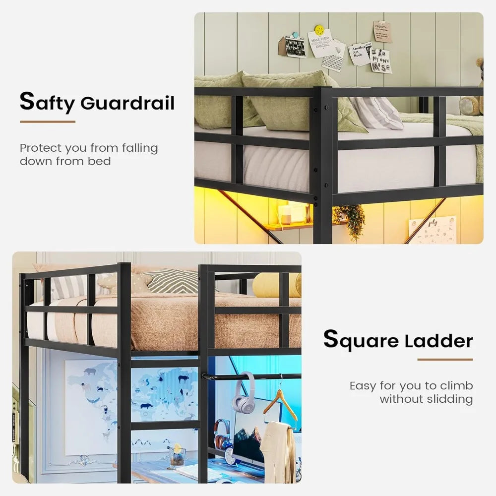 Twin Loft Bed with LED Lights, Metal Loft Bed Twin Size with Full-Length Guardrail &Clothes Rack,Heavy Duty Metal Loft Bed Frame