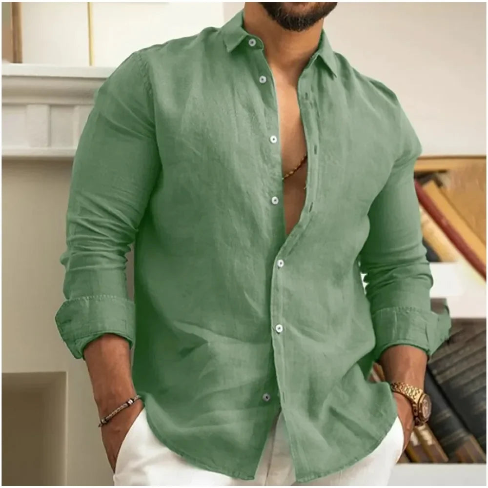 Men's Summer Beach Shirt Linen Button Up Long Sleeve Plain Lapel Spring & Summer Casual Daily Clothing