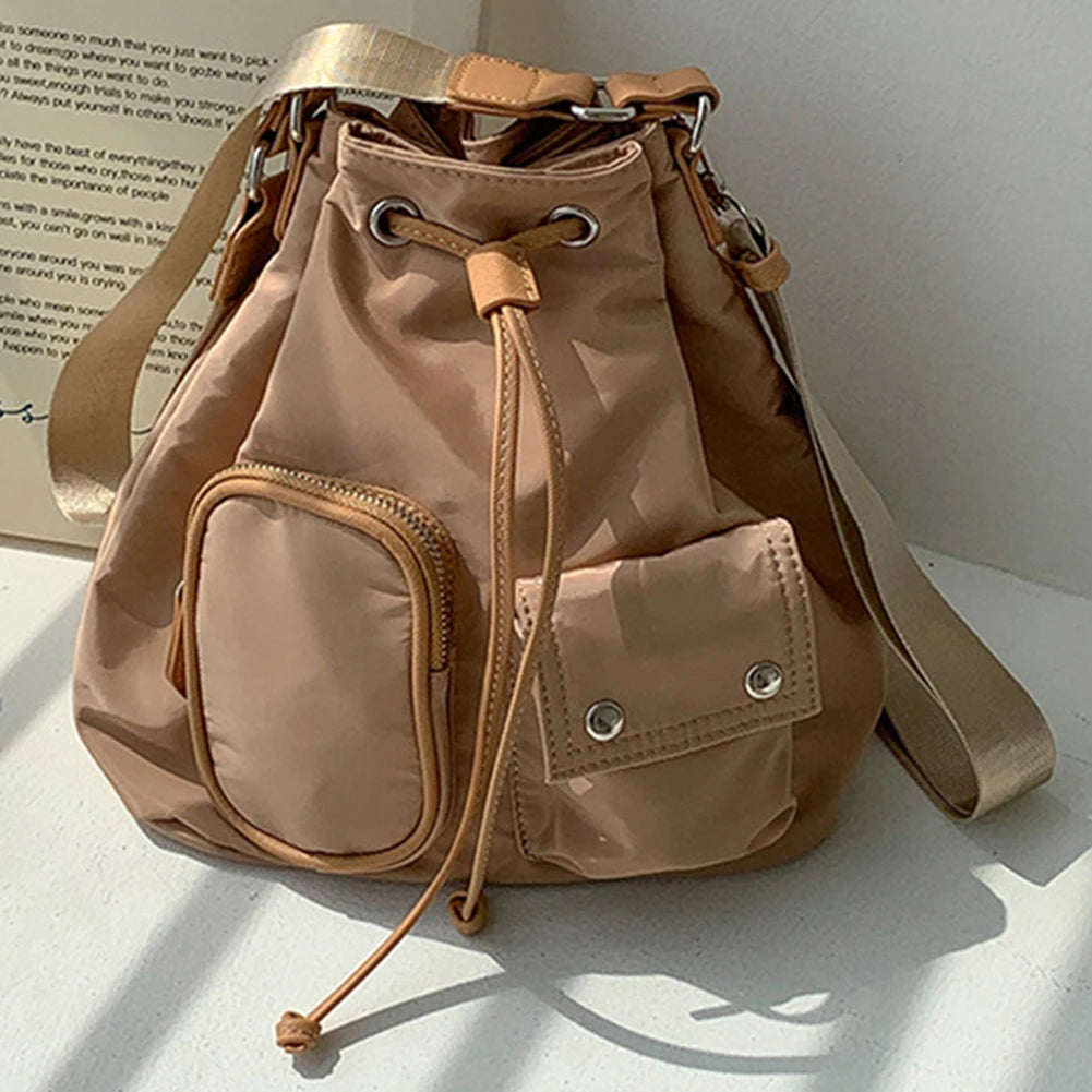Women Crossbody Bag Drawstring Nylon Ladies Bucket Bag Fashion Temperament Large Capacity Wear-resistant Travel Shoulder Bags