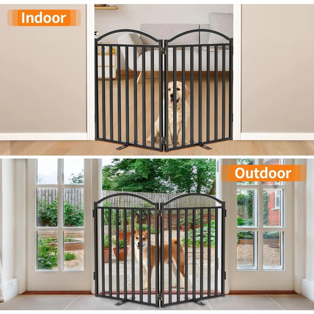 Metal Freestanding Dog Gate with Door, 32'' Height 2 Panels Dog Gate for House, Extra Wide Foldable Indoor Dog Fence Pupp