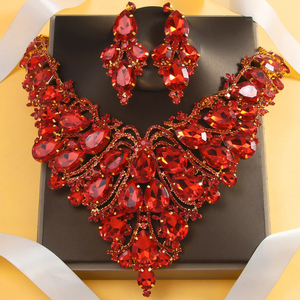 Stonefans Red Crystal Exaggerate Jewelry Set Luxury 2024 for Women Bridal Large Water Drop Necklace Earrings Sets Dubai Wedding