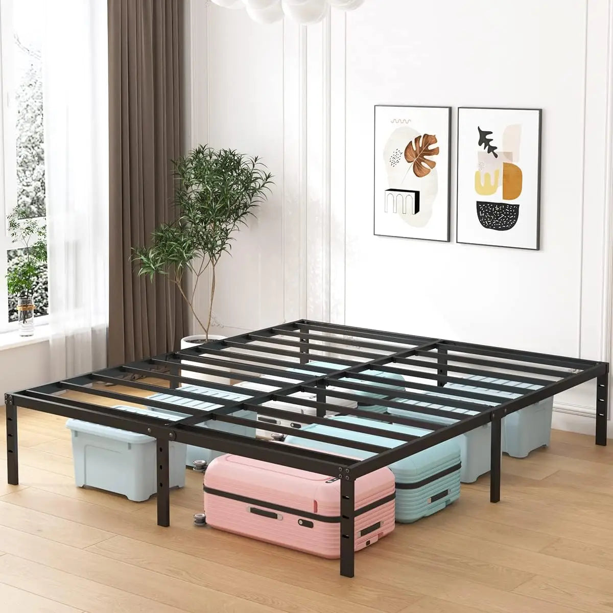 18 Inch Metal Bed Frame Queen Size - Black Basic Steel Slats Platform,  Heavy Duty Noise Free Bedframes, No Box Spring Needed