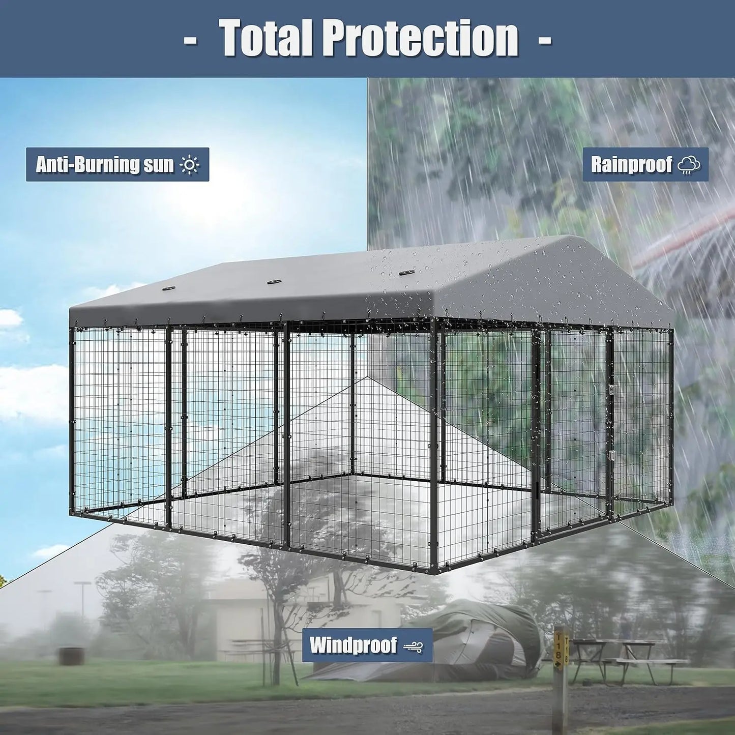 Large Dog Kennel with Roof, for Big Dogs, Galvanized Steel Dog Fence Pen with Ground Nails and Double Safety Rotate Door Lock