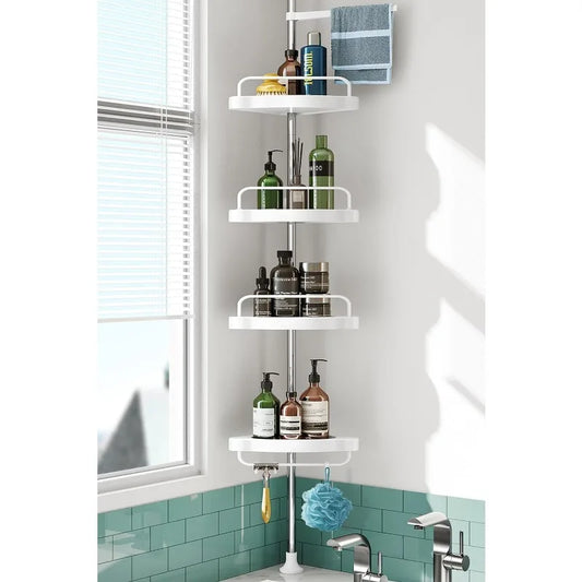 Corner Shower Shelf Tension Rod: Rust-Proof 4-Tier Shampoo Storage Organizer for Indoor Shower - Telescopic Rod Shower Rack