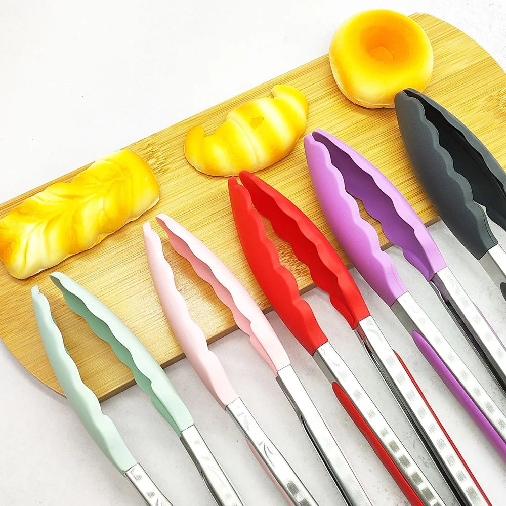 1Piece 9 Inch Silicone Food Tong Stainless Steel Grill Tongs Non-Slip BBQ Salad Grilling Tong Household Kitchen Cooking Tools