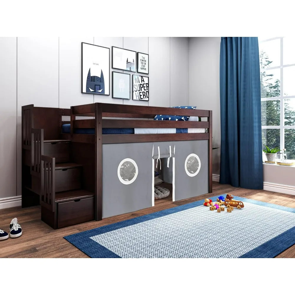 Kids Bed Frame, Contemporary Low Loft Twin Bed with A 3 Drawer Stairway, Cherry with Gray & White Tent, Bed Frame Children