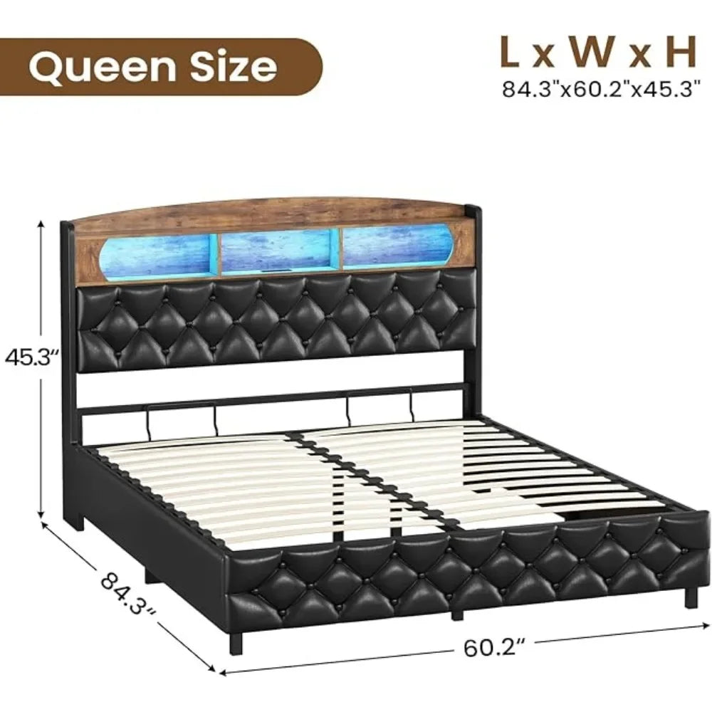 Lift Up Storage Bed Frame, Queen Platform Bed with Storage,LED Lights,Charging Station, Upholstered Storage Headboard,Bed Bases