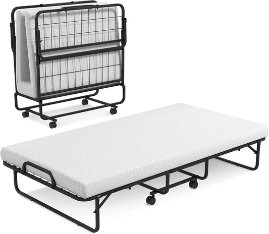 Folding Bed with 4" Mattress for Adults, Twin Size Rollaway Guest Beds w/Sturdy Metal Frame & Memory Foam Mattress, Easy