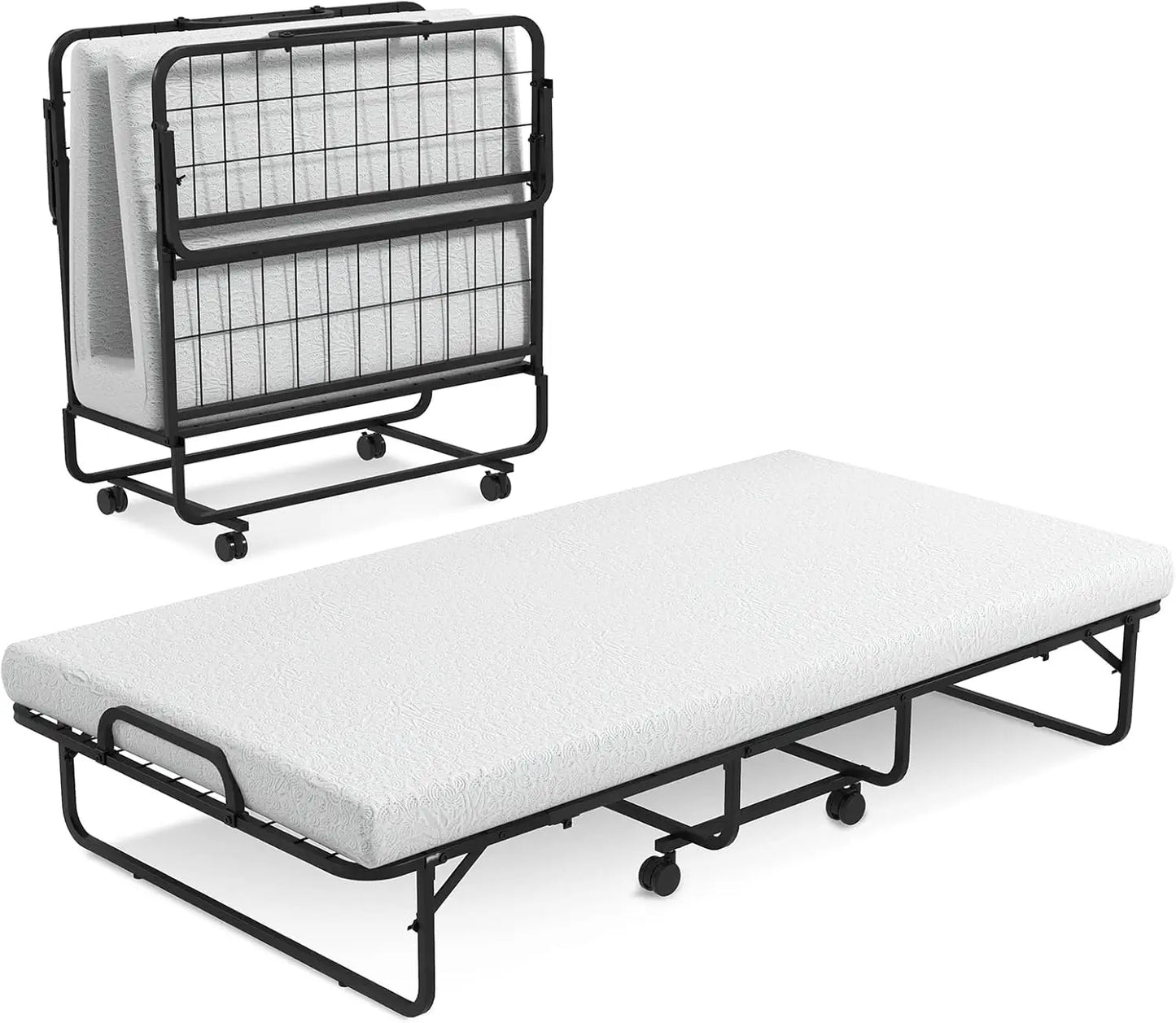 Folding Bed with 4" Mattress for Adults, Twin Size Rollaway Guest Beds w/Sturdy Metal Frame & Memory Foam Mattress, Easy