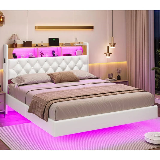 Full Bed Frame with LED Lights & Storage Headboard, Floating Platform Bed with Charging Station, Modern LED Floating Bed
