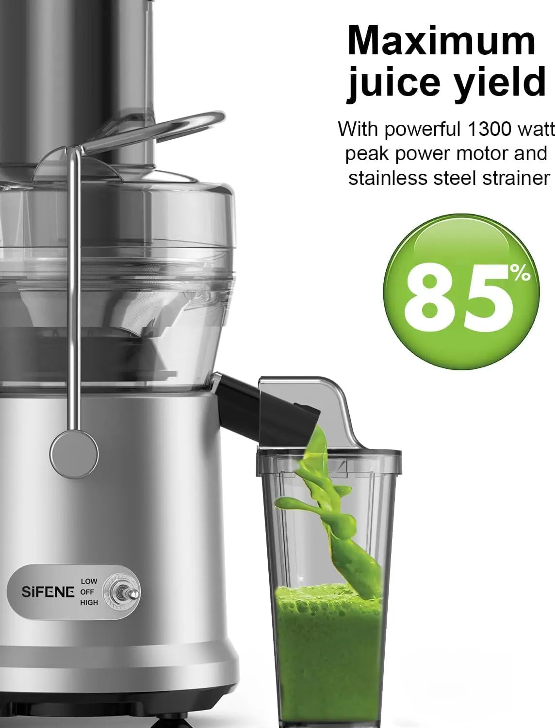 SiFENE Centrifugal Juicer Machine, Rapid 1000W Juice Extractor, Large 3.2'' Feed Chute for Whole Fruit & Veg Juicing, Gray