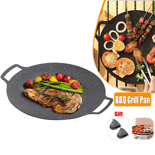 Korean BBQ Grill Pan Smokeless Round Griddle Pan Barbecue Plate Indoor Outdoor Grilling Frying Pan with Heat-resistant Gloves