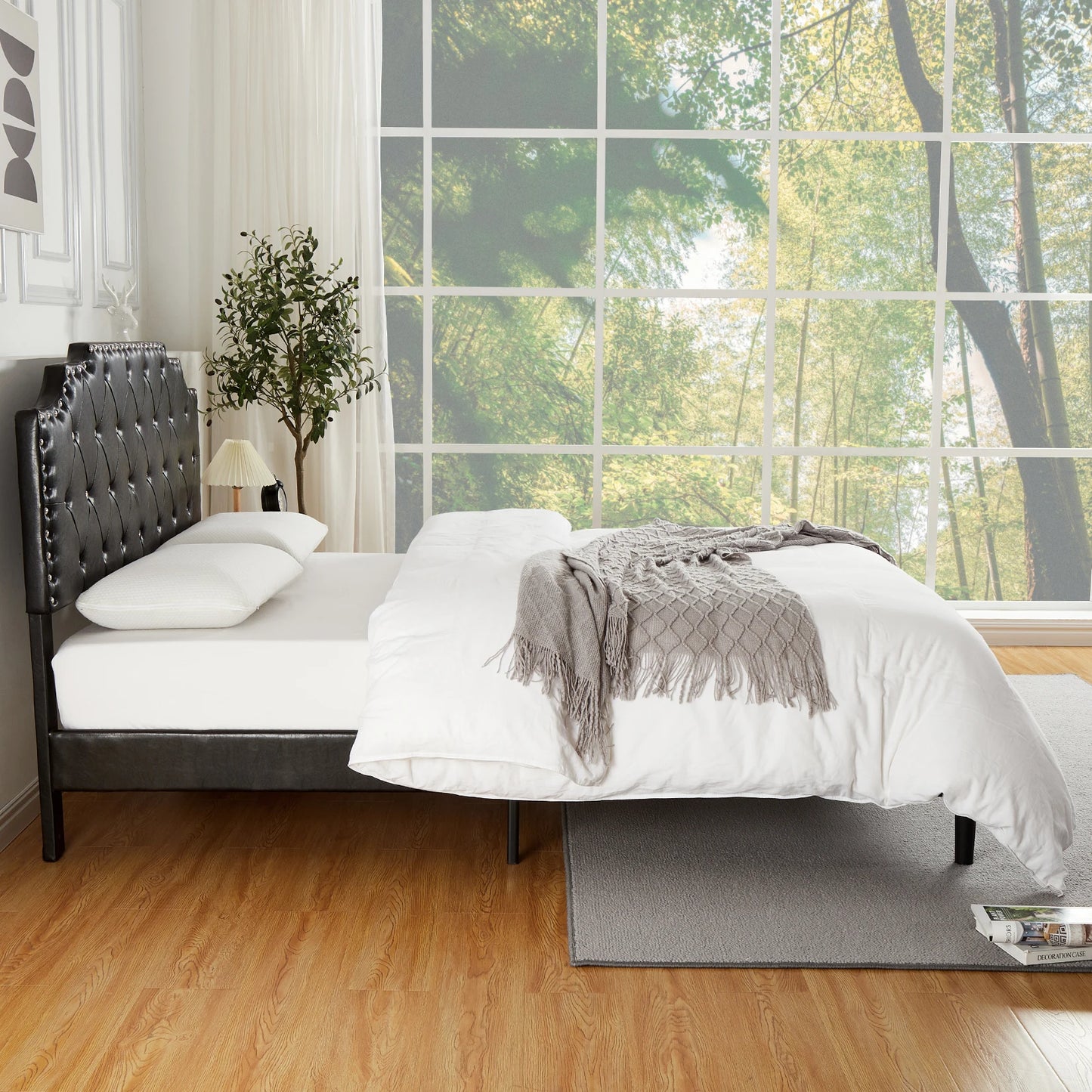 Full Size Bed Frame with Headboard PU Leather Upholstered Bed Frame Platform No Box Spring Needed