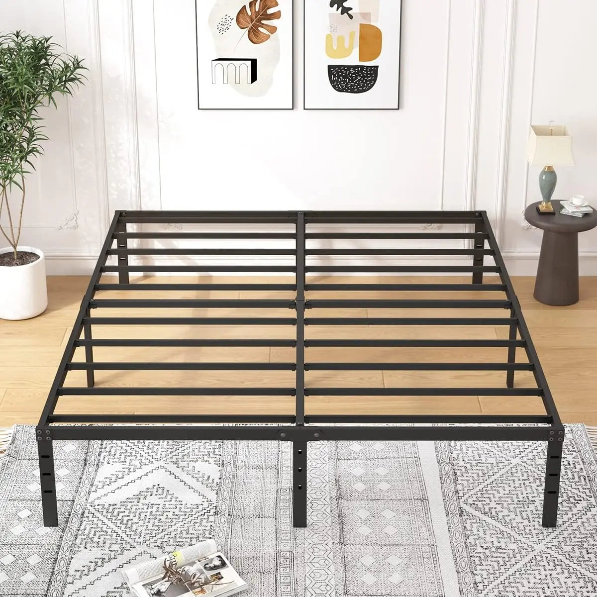 18 Inch Metal Bed Frame Queen Size - Black Basic Steel Slats Platform,  Heavy Duty Noise Free Bedframes, No Box Spring Needed