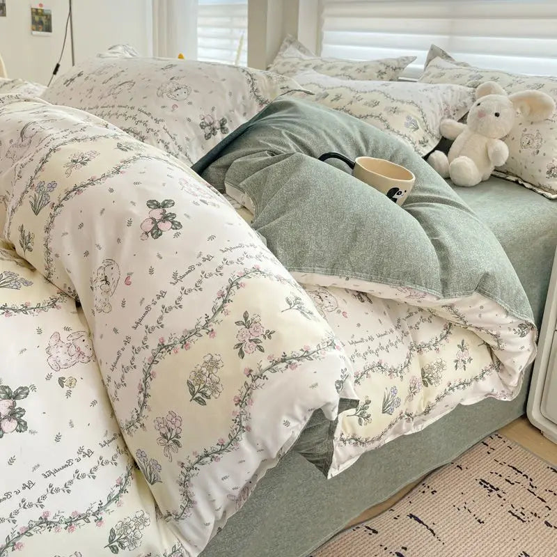 Pink Floral Bedding Set Soft Ins Single Double Queen Size Duvet Cover Flat Sheet Pillowcase Girls Home Totel Bed Linens