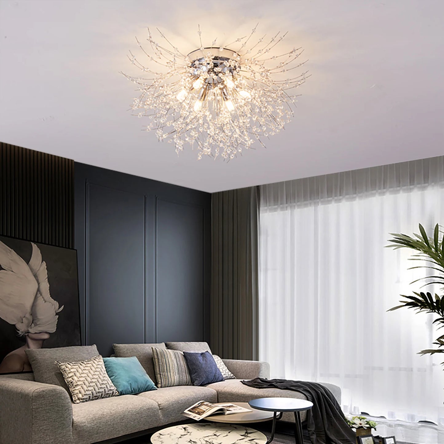 Gold/Sier Modern Crystal LED Ceiling Light 6 Lights Stainless Steel Firework Chandelier For Bedroom