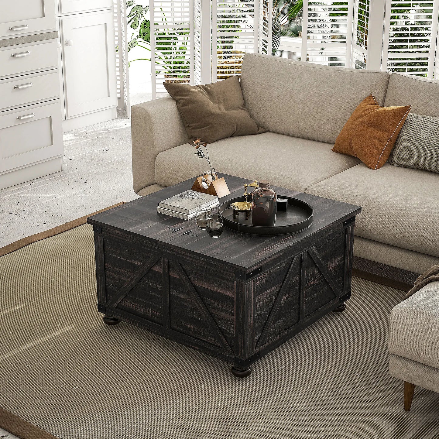 Coffee Table with Flip Top Hidden Storage, Square Center Table Distressed Brown