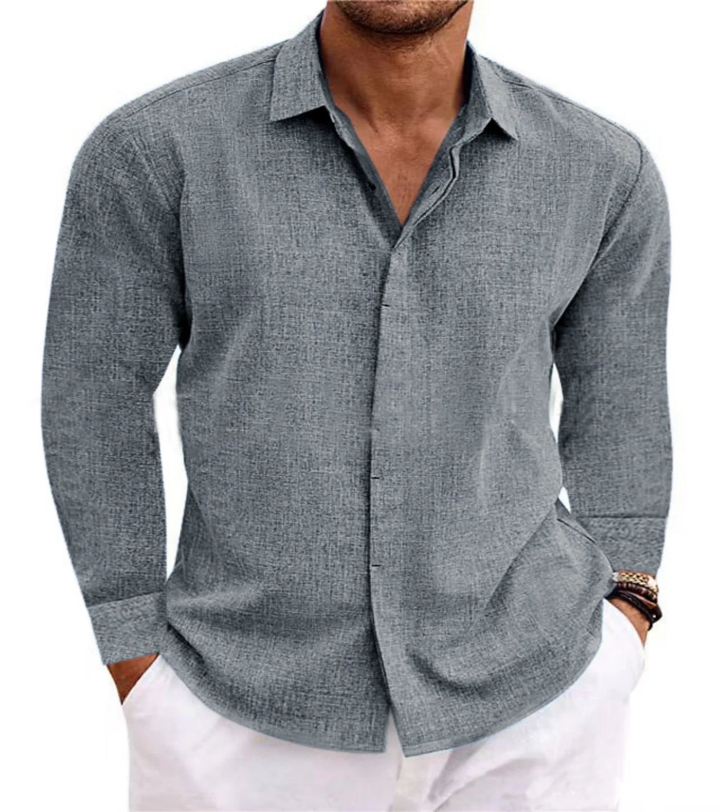 2024 New Men's casual Long sleeve shirt solid color lapel hidden button fashion comfortable high street top