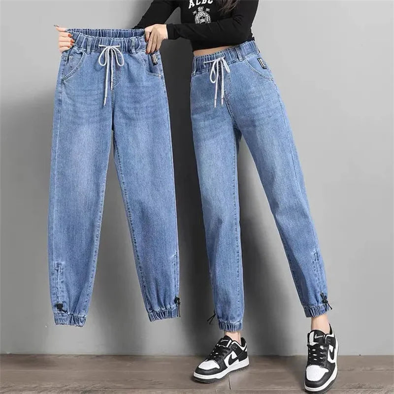 High Waist Denim Harlan Pants Women's Spring Autumn New Loose Elastic waist Jeans Female Loose Student Casual Ankle leng Pants