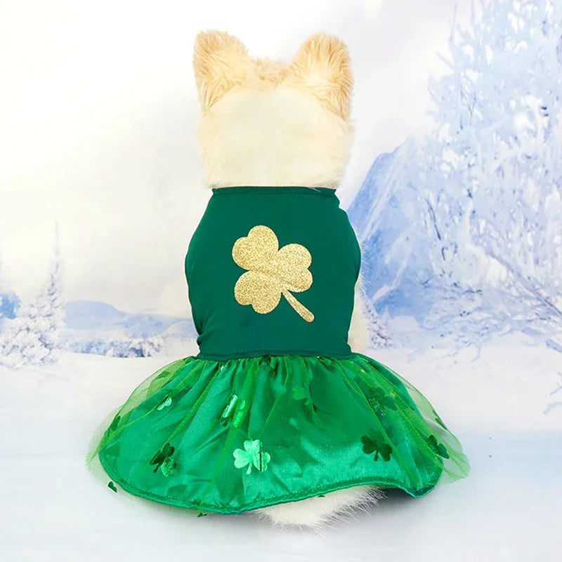 St Patrick Day Pet Clothes Green Clover Puppy Dog Dress Tulle Skirt with Bowtie Lucky Clover Holiday Dresses for Small Dogs Cats