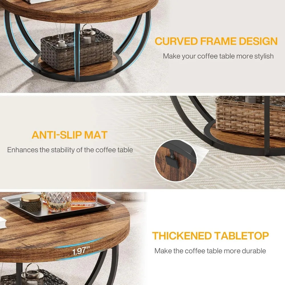 Round Coffee Table, 31.7" Wooden 2-Tier Circle Coffee Table with Storage Shelves, Modern Accent Cocktail Table Center Table