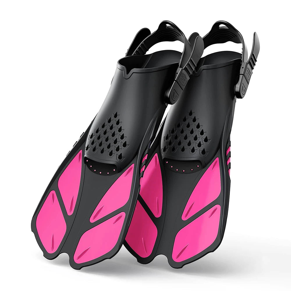 Snorkel Fins Adjustable Buckles Swimming Flippers Short Silicone Scuba Diving Shoes Open Heel Travel Size Adult Men Womens
