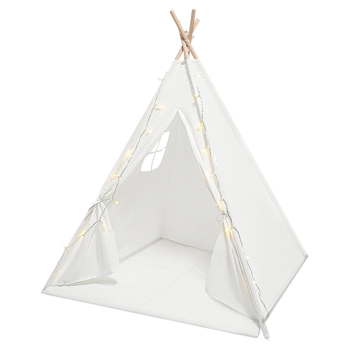 Teepee Tent for Kids Cotton Play Tent with Padded Mat and Lights String Foldable Tent with Carry Bag