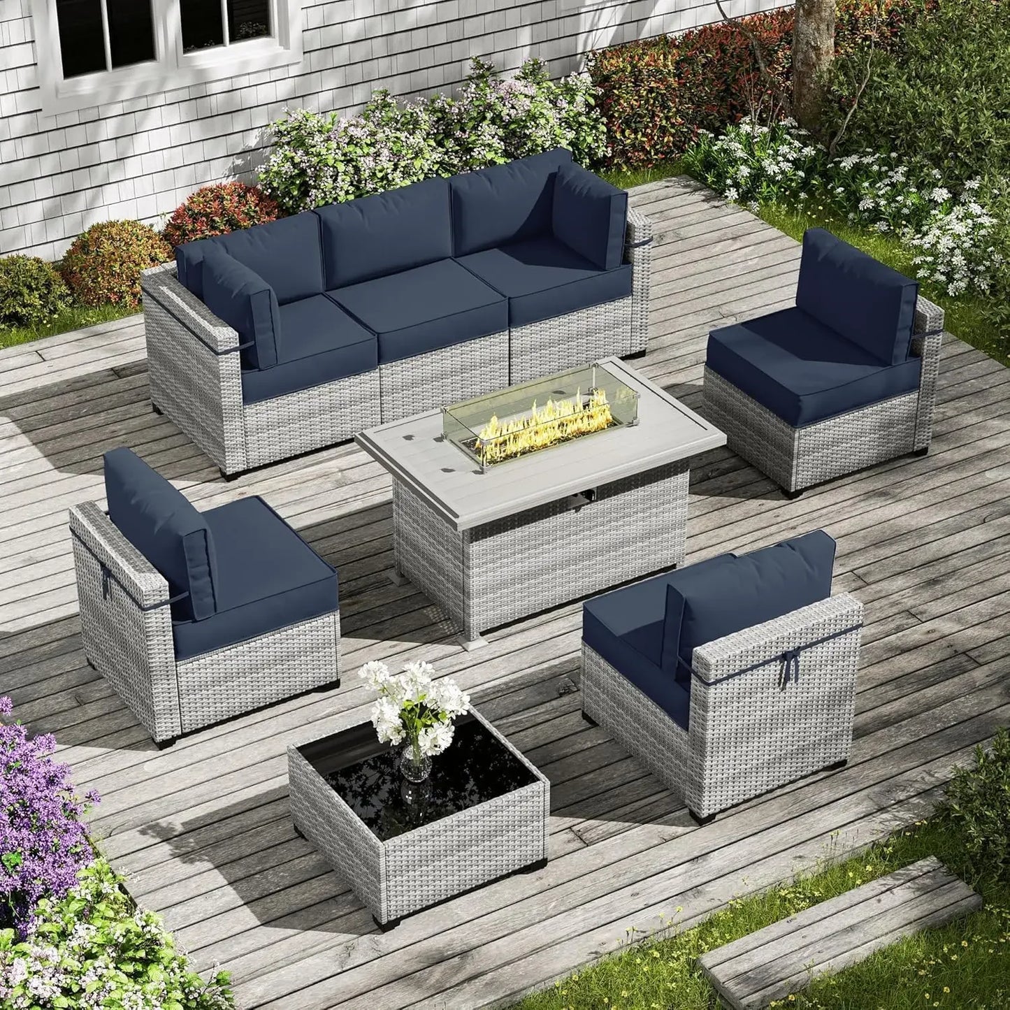 8-Piece Patio Furniture Set With Fire Pit Table, Seat Cushions Light Grey Outdoor Modular Wicker Conversation Set