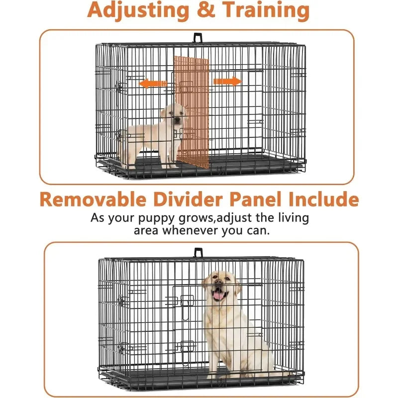 30 Inch Double Door Medium Dog Crate with Divider Panel and Leak- Proof Pan Tray, Folding Metal Wire Pet Kennel for Indoor，Grey