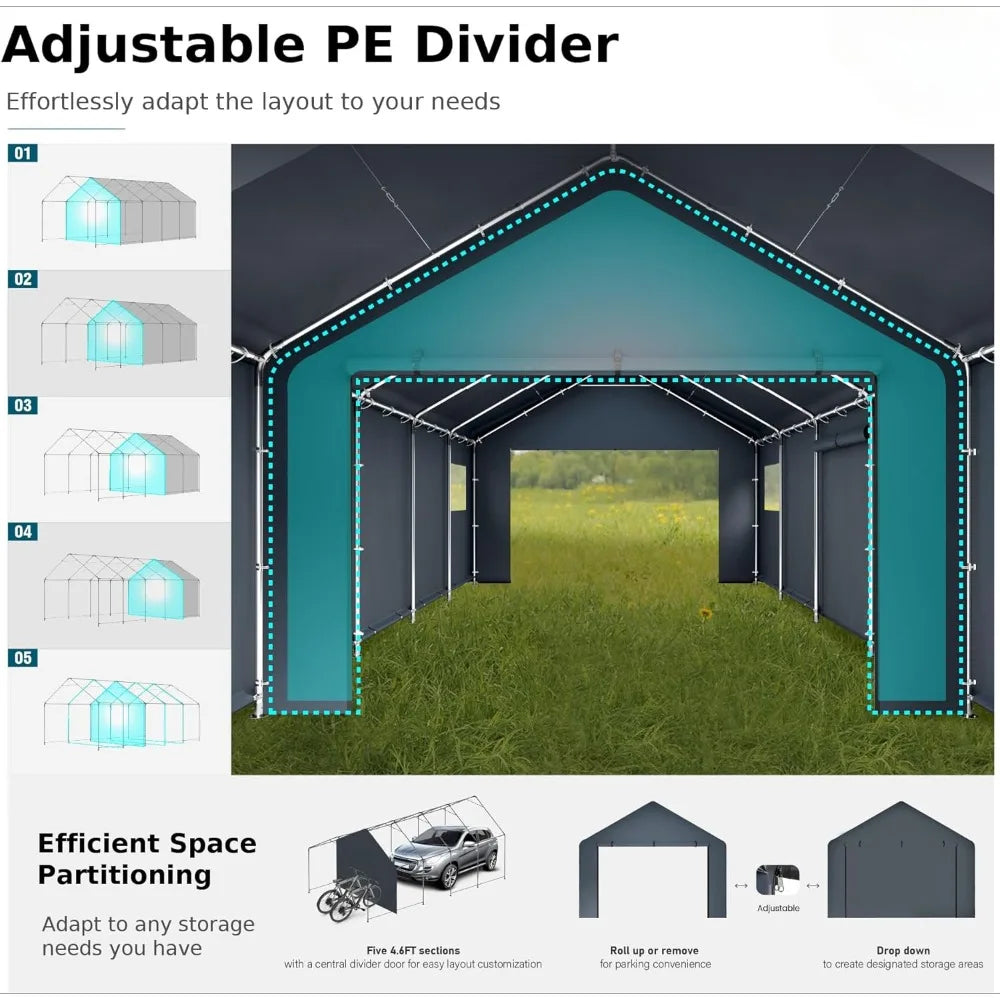 Heavy Duty Carport, Oversized Portable Garage Shelter, Outdoor Car Tent Tent with Rolled Up Sidewalls and Boat Truck Party Doors