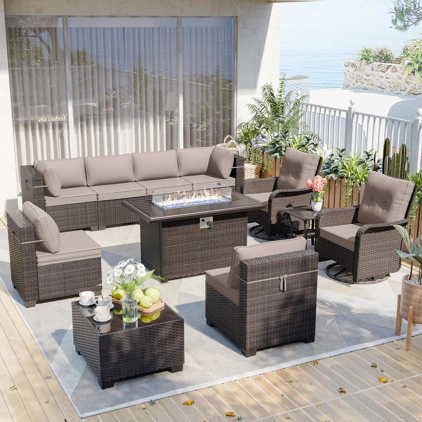 Patio Furniture Modularwith Swivel Chairs Outdoor Sectional Wicker Rattan w/Fire Pit Conversation Sofa Set for Backyard