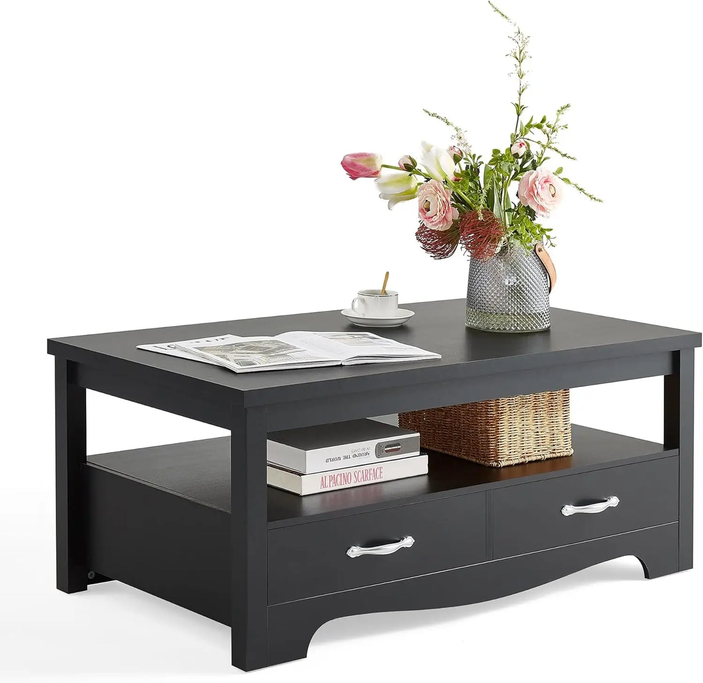 Farmhouse Coffee Table with Storage, Wood Coffee Table for Living Room, Open Display Area&Storage Drawers,Black