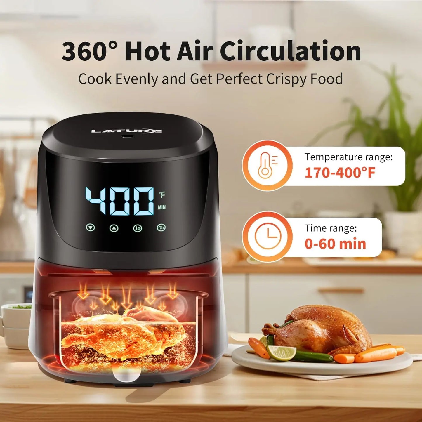 4.2 QT Air Fryer Oven Cooker with Temperature and Time Control Dishwasher Non-stick Basket LED Digital Touch Screen Stainless St
