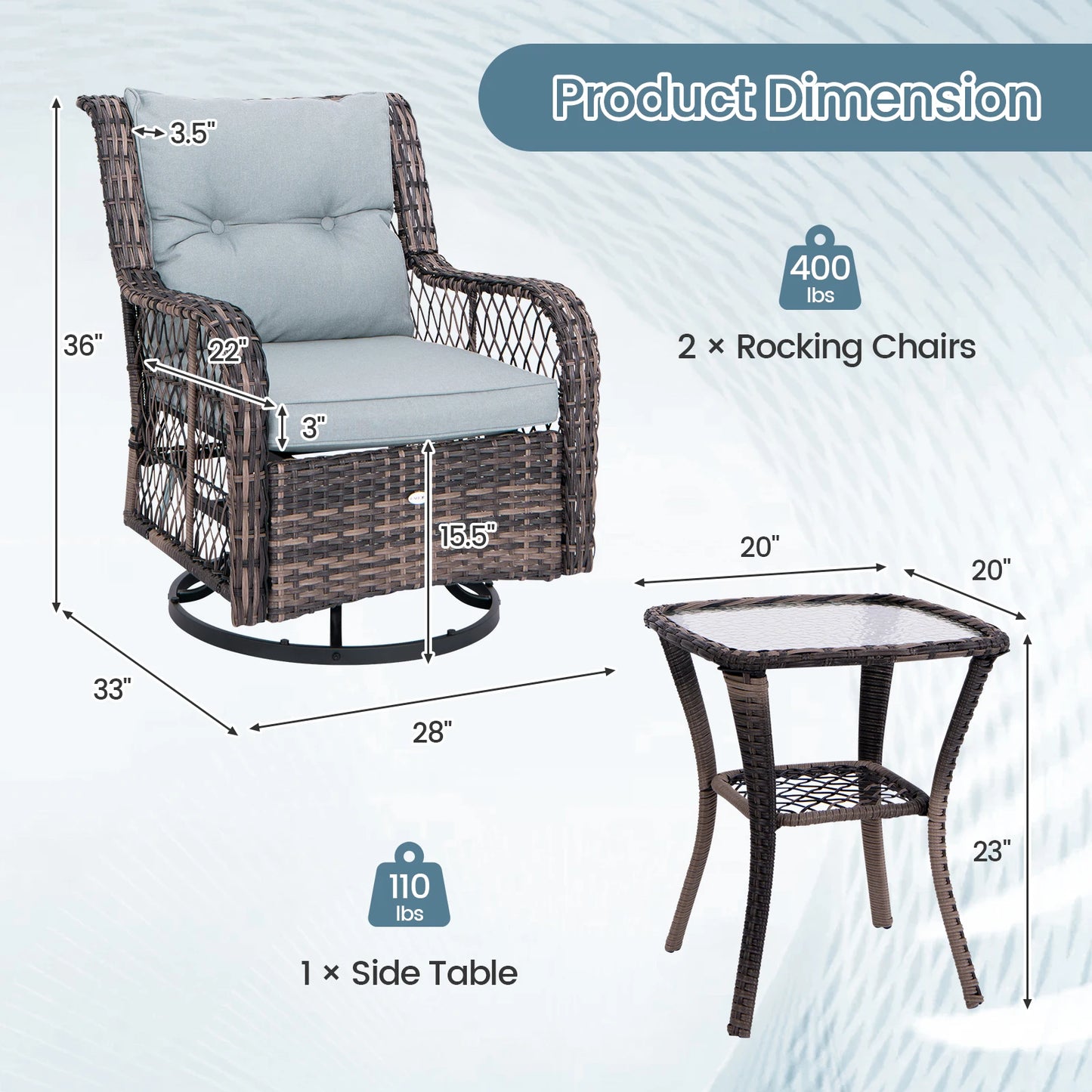 3 PCS Patio Furniture Set Rocking Chairs Set of 2 with Glass Top Side Table