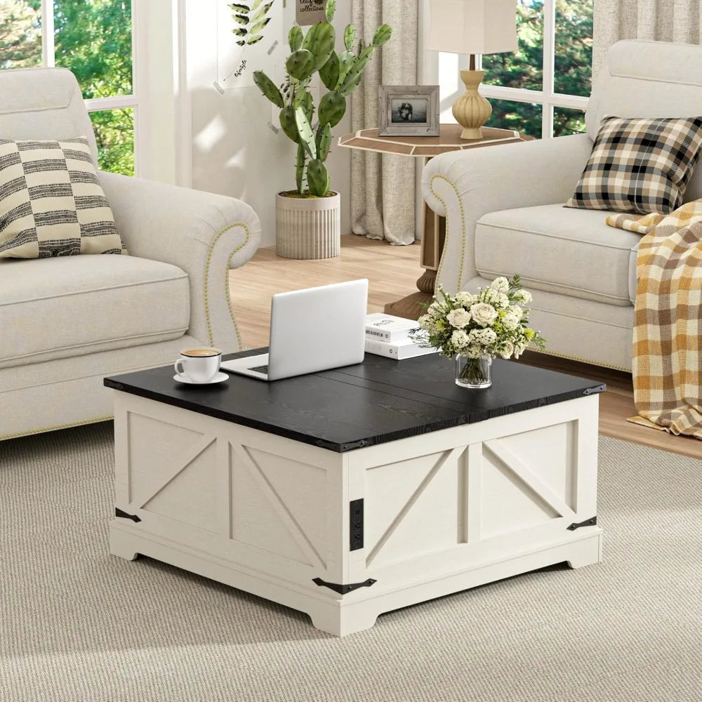 Farmhouse Lift Top Coffee Table with Storage,  Wood Square Center Table with Charging Station, Rustic Cocktail Tables with Flip