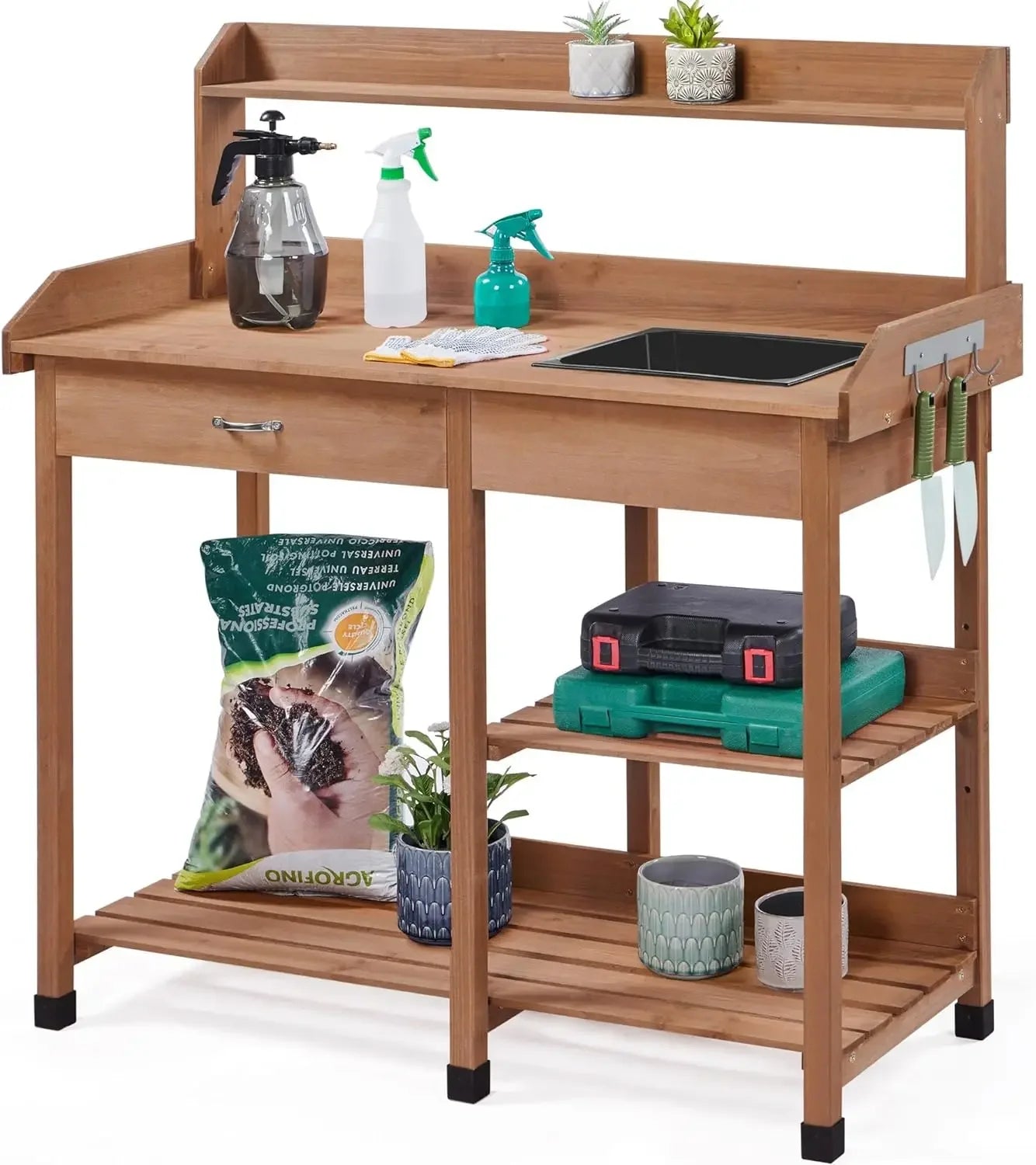 Potting Bench Outdoor Garden Work Bench Station Planting Solid Wood Construction for Horticulture W/Sink Drawer Rack Shelves
