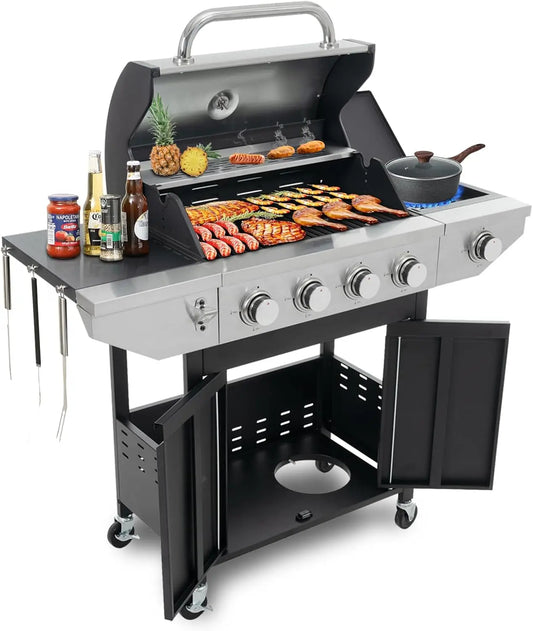 4-Burner Propane Gas Grill Sear Side Burner 46,700 BTU Outdoor BBQ Cabinet Style Barbecue Grilling High Cooking Capacity Fast