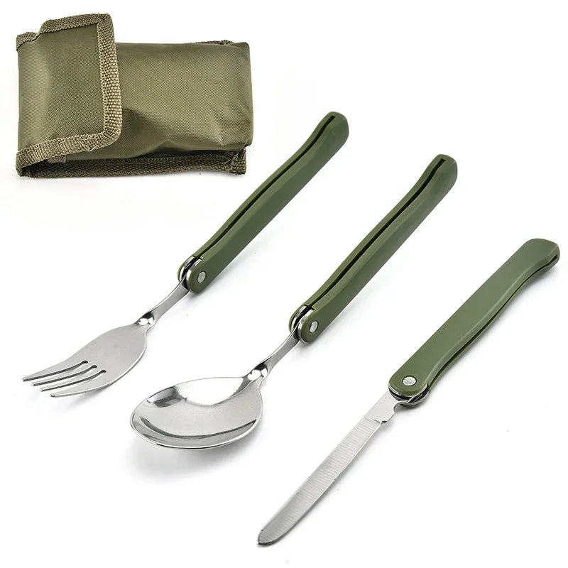 Stainless Steel Portable Folding Cutlery Set Fork Knife With Army Green Pouch Survival Camping Bag Outdoor Cutlery Container