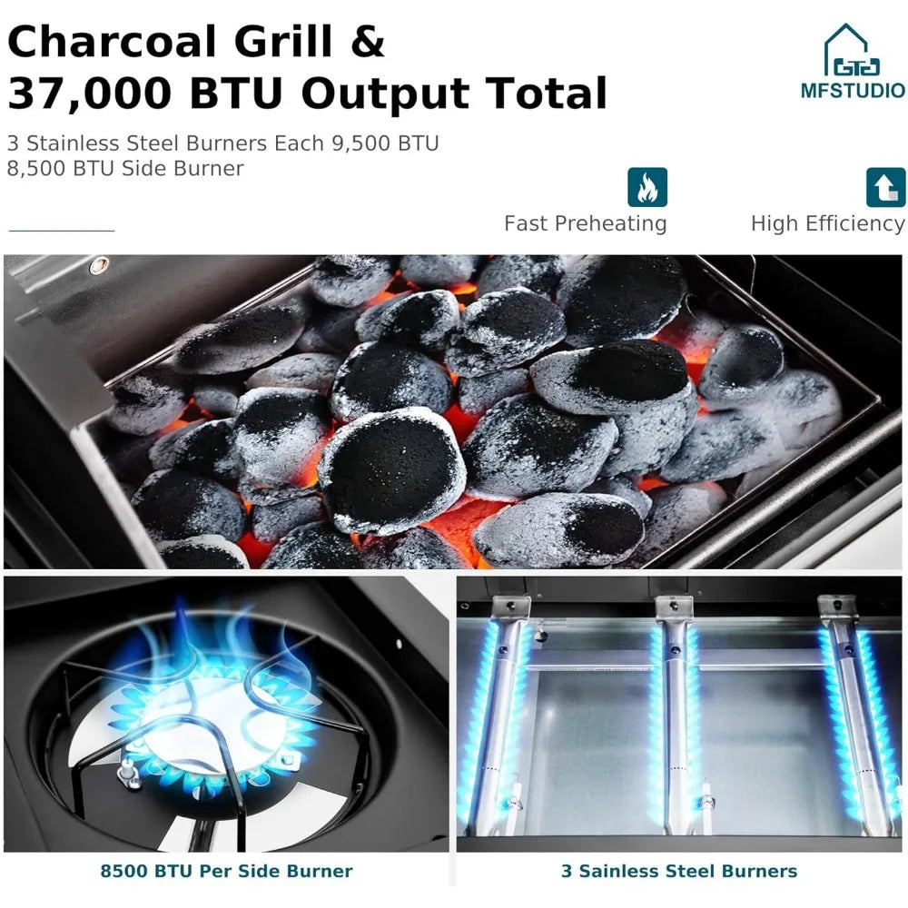 Dual Fuel Propane Gas Grill and Charcoal Grill Combo with Side Burner,Extra Large BBQ Grill for Outdoor Barbecue Cooking