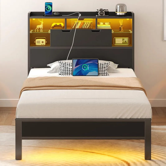 Twin Bed Frame with Charging Station, LED Bed with Bookcase Storage Headboard, Metal Platform Bed with Glass Shelves, No Box