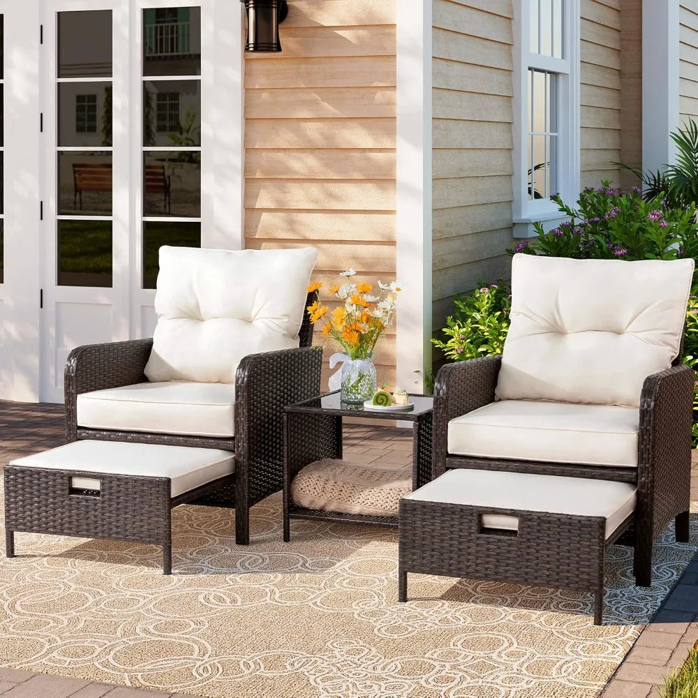 5 Piece Patio Set, All Weather PE Wicker Rattan Outdoor Chair and Ottoman Sets, Wicker Patio Furniture Set