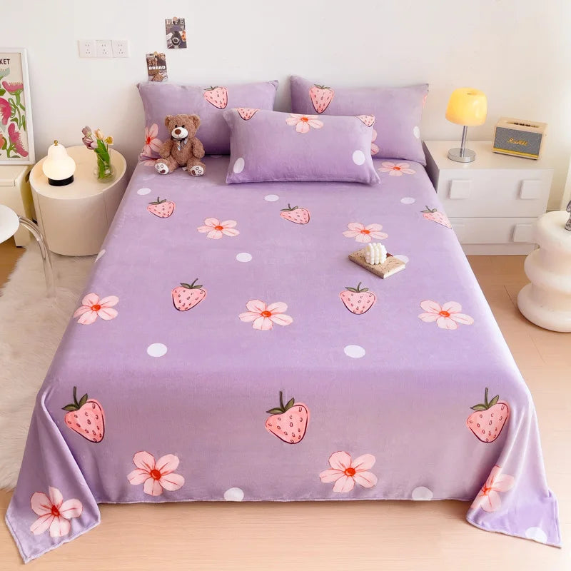 Geometric Plaid Pattern Flannel Bed Sheet Set Super Soft Plush Bed Sheets with 2 Pillowcases Luxury Queen Size Bedding Set