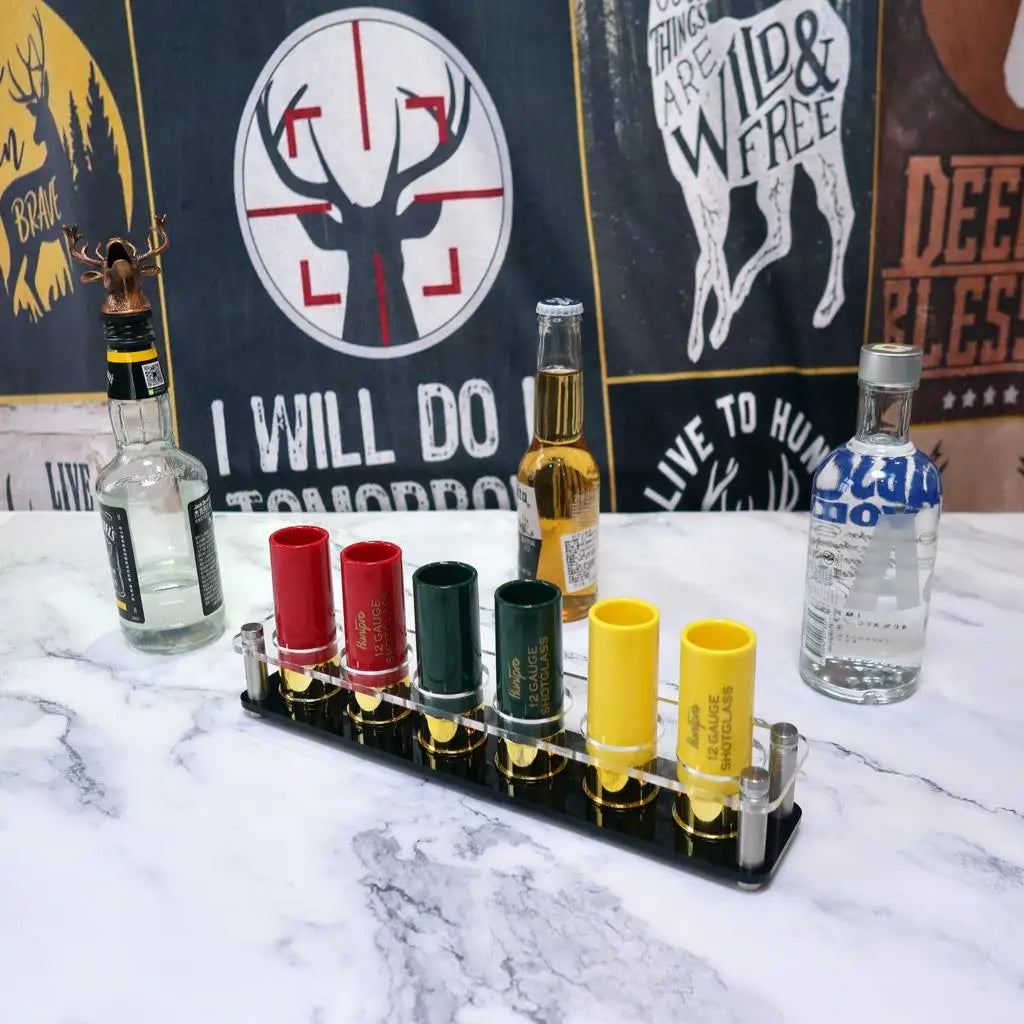 Hunting Shooting Outdoor Gift 12 Gauge Shot Glass Set of 6 Multi Color Shot Glasses with Acrylic Tray Cup Holder for Hunter