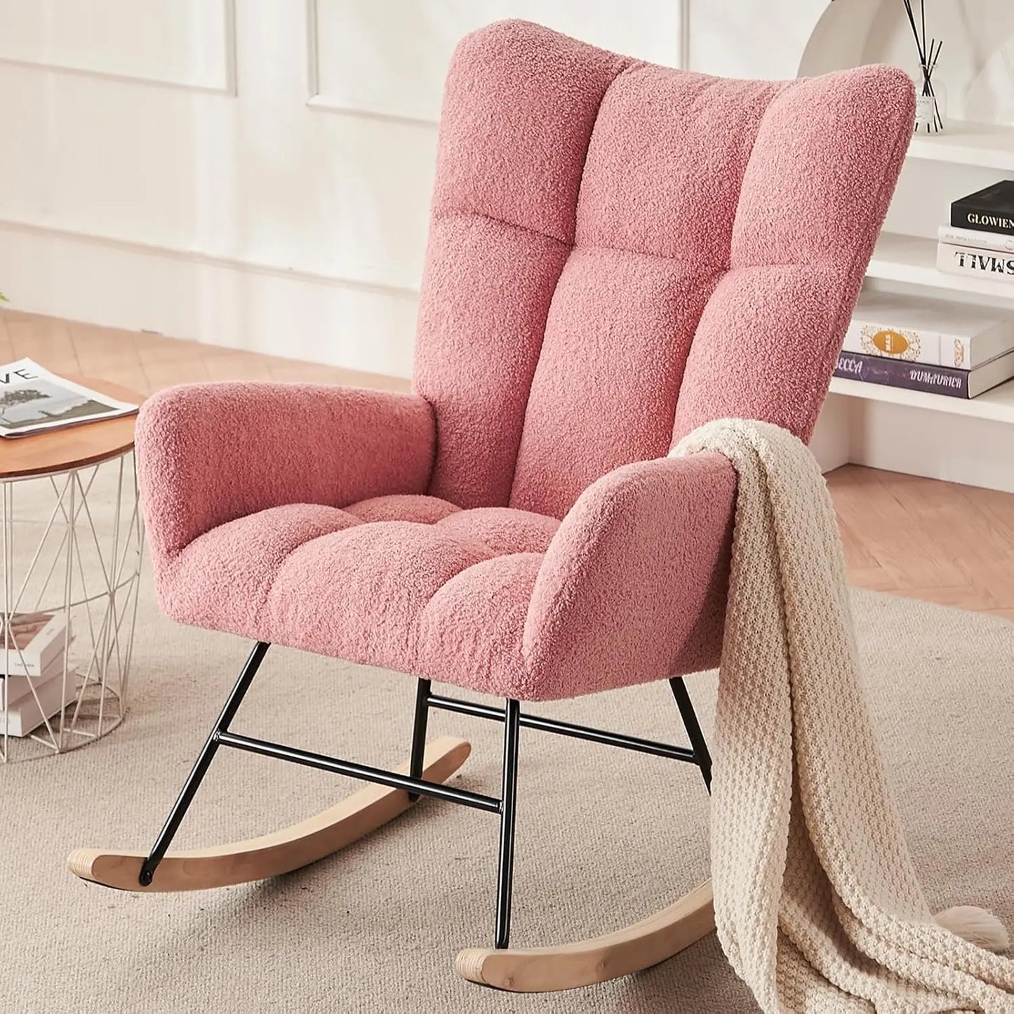 Modern Nursery Rocking Chair, Upholstered Glider Chair with High Backrest, Rocker Accent Armchair with Solid Wood Legs